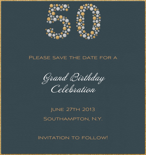 Grau Blau Geburtstag oder Jahrestag save the date Karte in Hochkantformat mit goldenem Rand und großer Zahl funfzig mittig oben auf Karte und gestaltetem Text zum anpassen.