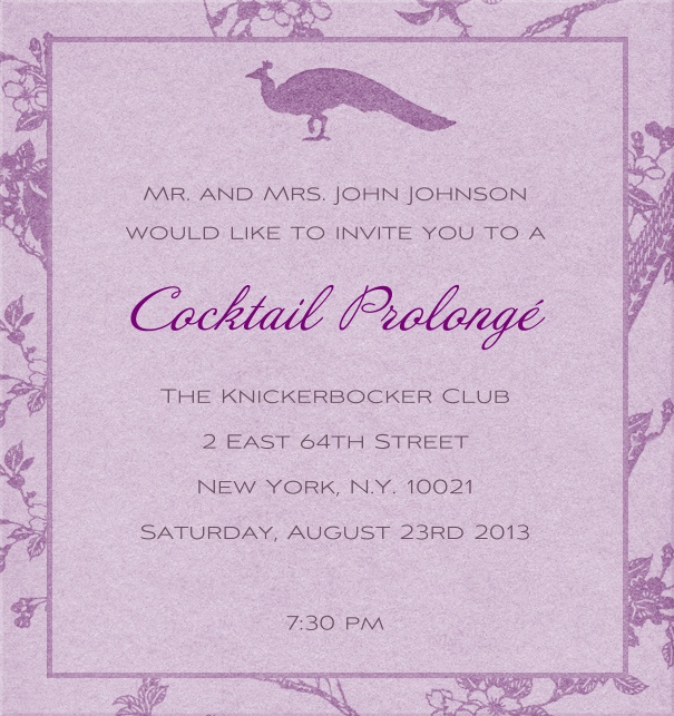 High Format Purple classic Party invitation template with peacock and floral border.