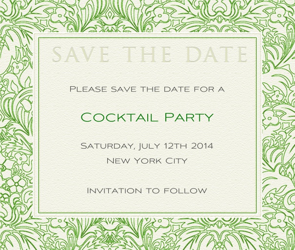 White Classic Chic Wedding Save the Date Design with green floral border.