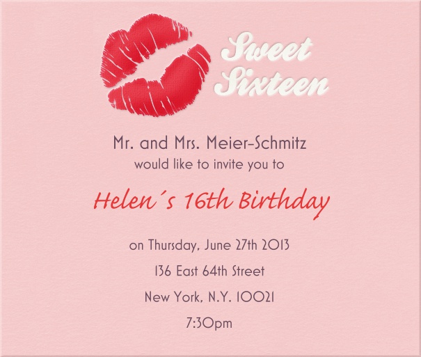 Square Sweet Sixteen Invitation or Birthday Invitation with Pink Kiss.
