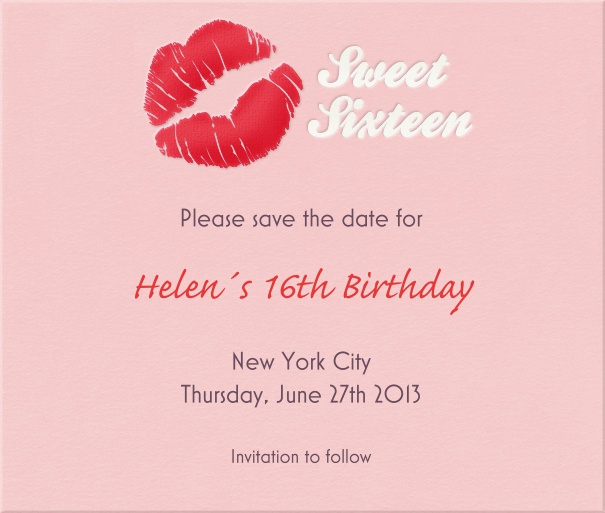 Pink Sweet Sixteen Party Save the Date card with Kiss.