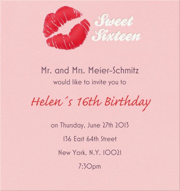 High Format Sweet Sixteen Invitation or Birthday Invitation with Pink Kiss.