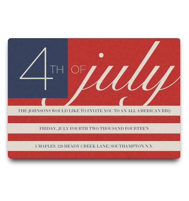 Online-Einladungskarte im Stil der amerikanische Flagge zu Feierlichkeiten des 4. Juli.