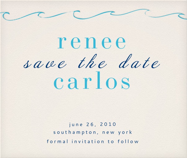 Save the Date Card for weddings with blue wave design.