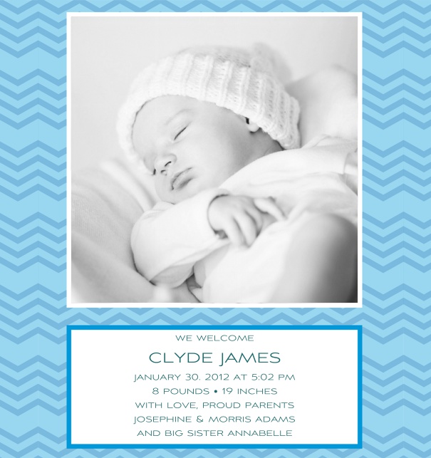 Online Birth Announcement Card with Photo Box and Blue Wave Frame.