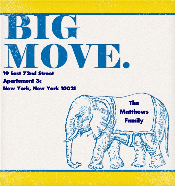 Online Umzugskarten  mit Elefantenmotiv und editierbarem Text.