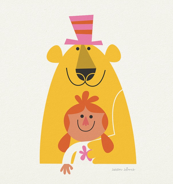 Online Karte für Kinder mit gelbem Bären und Mädchen gestaltet von Sean Sims.