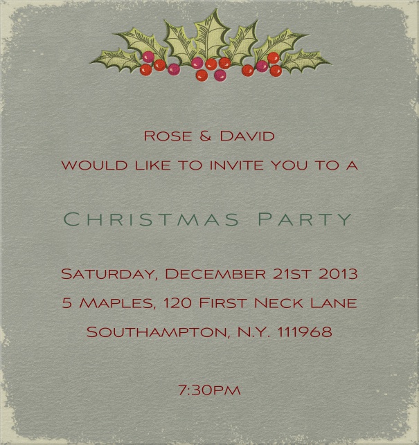 Grey Christmas high format invitation card with Christmas decoration in top part of card. Including designed text in green and red to match the card.