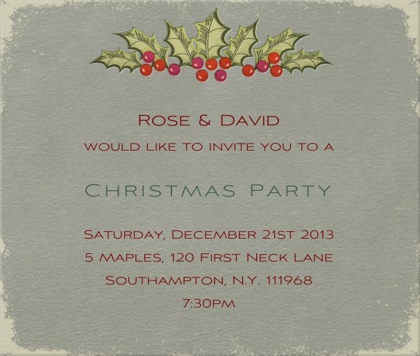 Grey Christmas square format invitation card with Christmas decoration in top part of card. Including designed text in green and red to match the card.