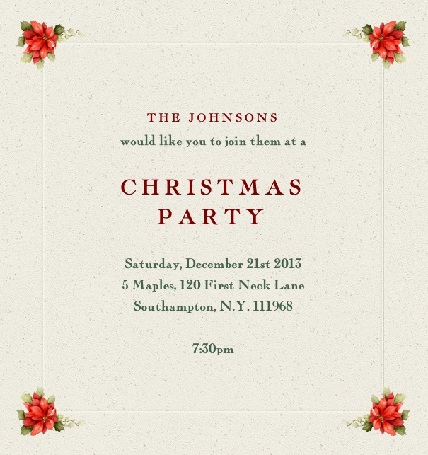 Beige Christmas Party Invitation with holly bouquets on corners customizable online.