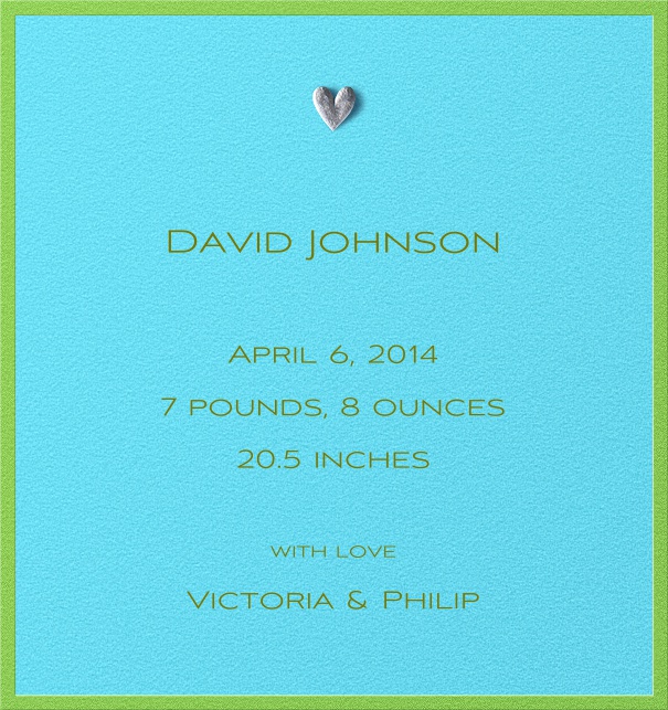 Birth Announcement Card online with Silver Heart and green border.