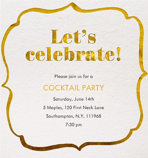 Online Cocktail Invitation with a golden decoration around it and customizable text.