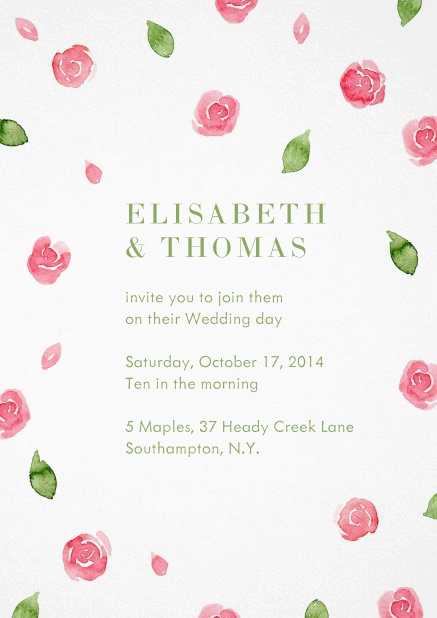 Wedding invitation card with red roses and green leaves.
