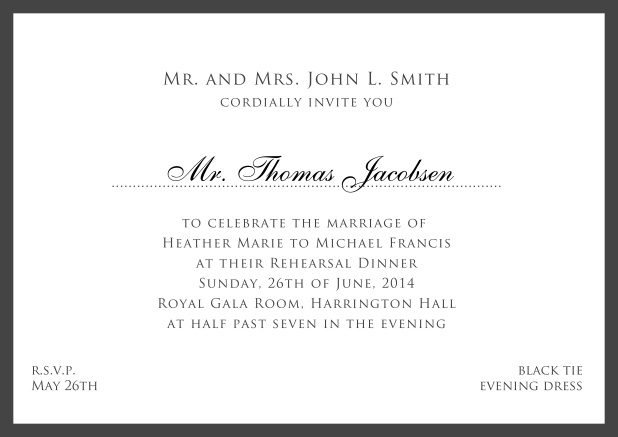 Online white classic invitation card with red border and name of recipient. Black.