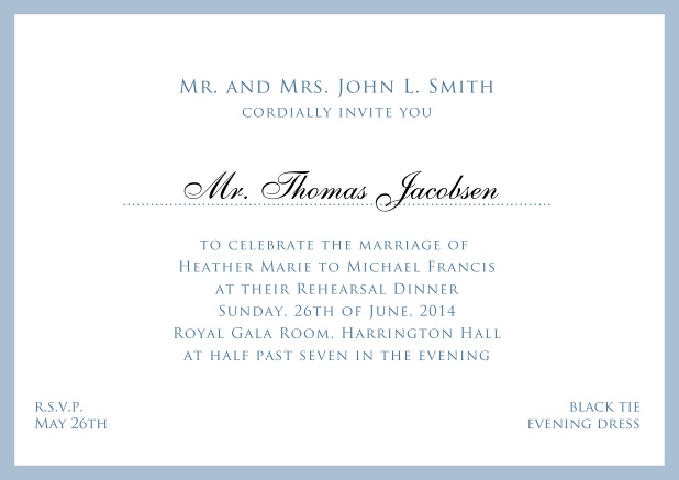 Online white classic invitation card with red border and name of recipient. Blue.