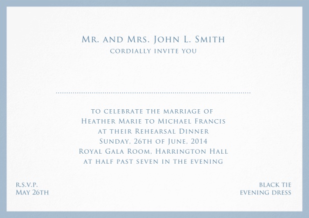 Card with frame and place for guest's names - available in different colors. Blue.