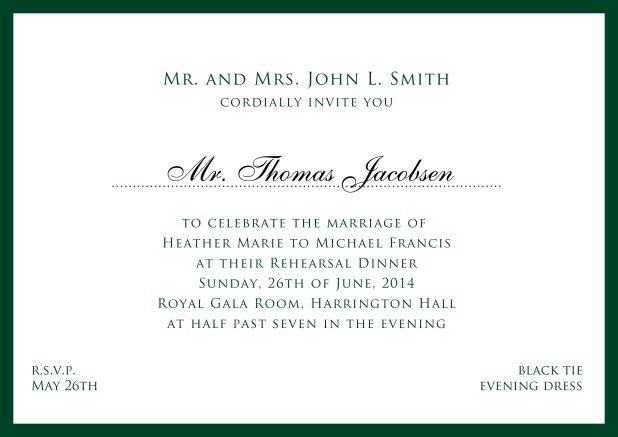 Online white classic invitation card with red border and name of recipient. Green.
