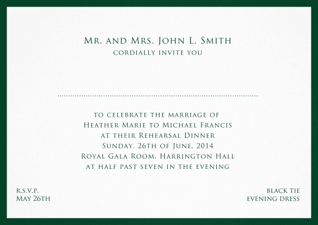 Card with frame and place for guest's names - available in different colors. Green.