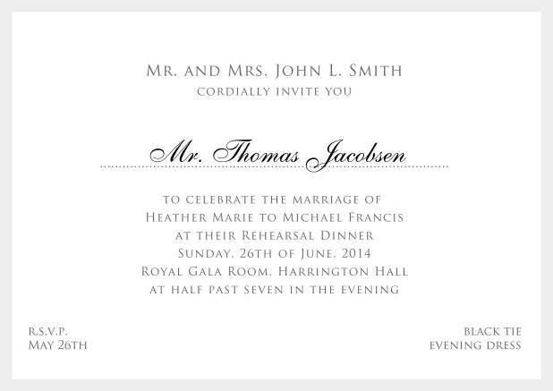 Online white classic invitation card with red border and name of recipient. Grey.