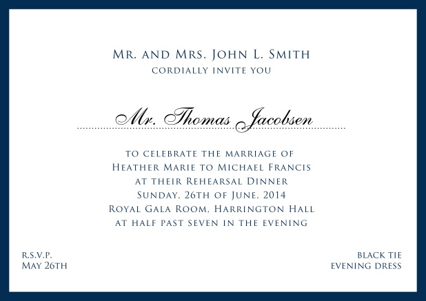 Online white classic invitation card with red border and name of recipient. Navy.