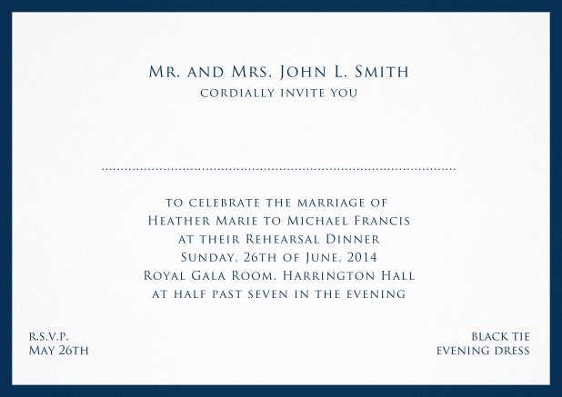 Card with frame and place for guest's names - available in different colors. Navy.