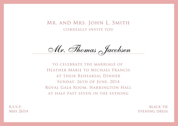 Online white classic invitation card with red border and name of recipient. Pink.