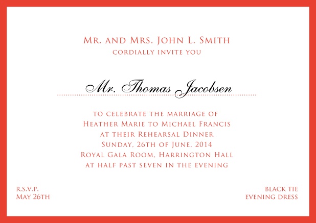 Online white classic invitation card with red border and name of recipient. Red.