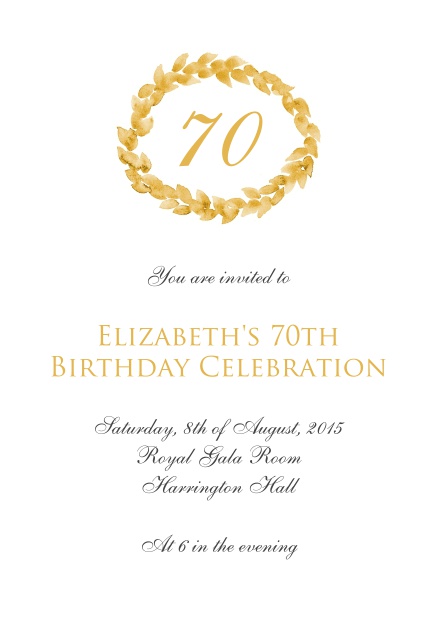 Online 70th birthday invitation card with golden wreath.