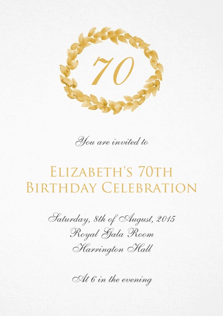 Paper 70th birthday invitation card with golden wreath.