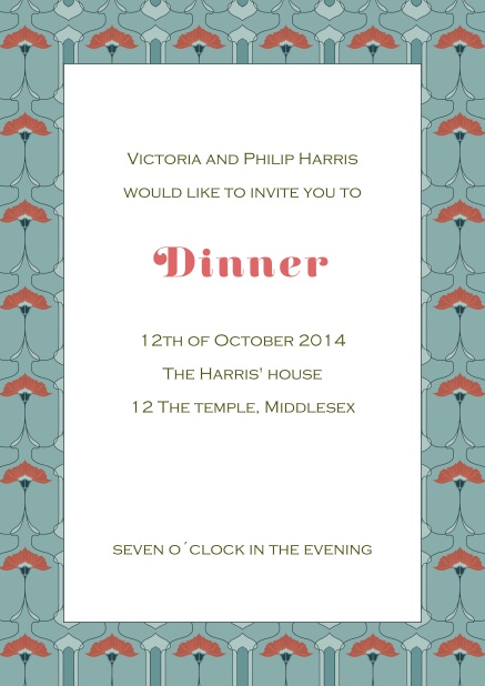 Online dinner invitation card blue and red frame.