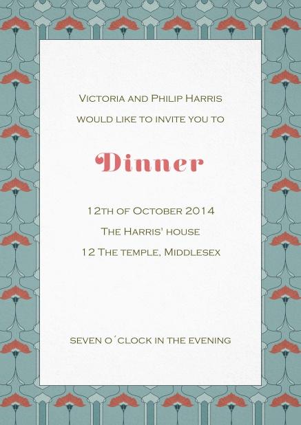 Dinner invitation card with art nouveau style frame and editable text.