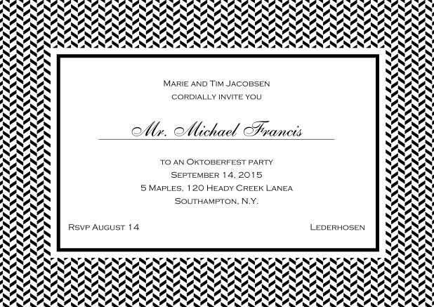 Classic online invitation with thin waves frame, editable text and line for personal addressing. Black.