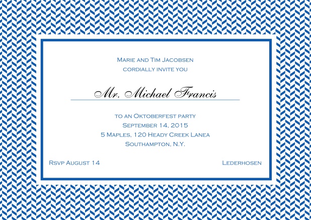 Classic online invitation with thin waves frame, editable text and line for personal addressing. Blue.