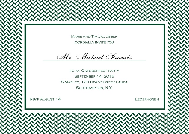Classic online invitation with thin waves frame, editable text and line for personal addressing. Green.