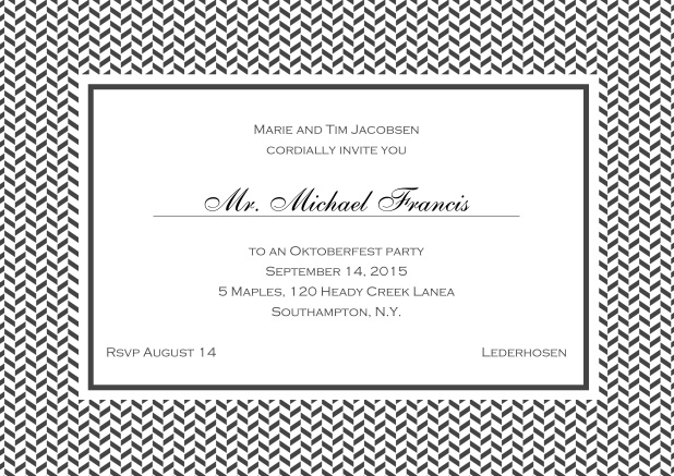 Classic online invitation with thin waves frame, editable text and line for personal addressing. Grey.