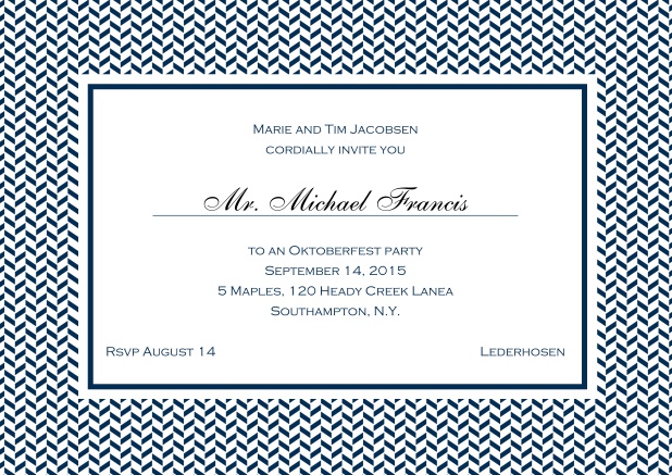 Classic online invitation with thin waves frame, editable text and line for personal addressing. Navy.