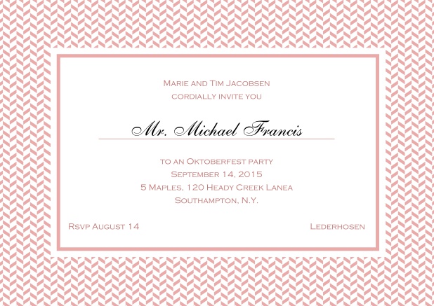 Classic online invitation with thin waves frame, editable text and line for personal addressing. Pink.