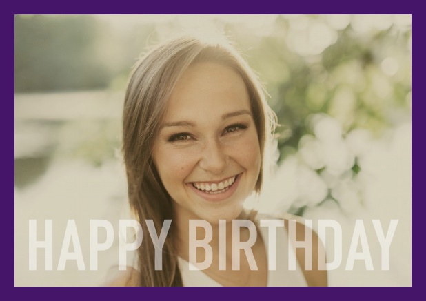 Online card with white framed photo and Happy Birthday text and Birthday wishes text on 2nd page. Purple.