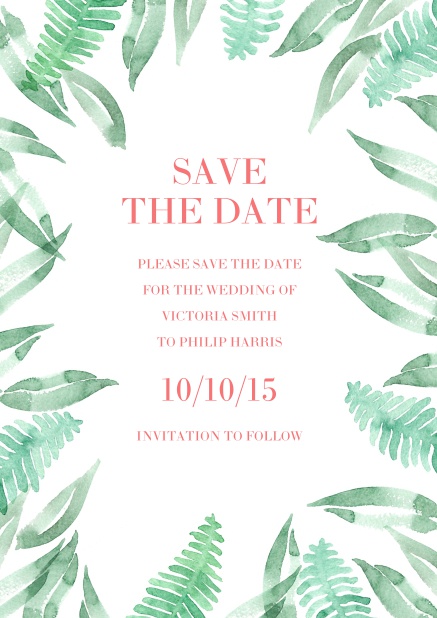 Online Wedding save the date card with green farn.