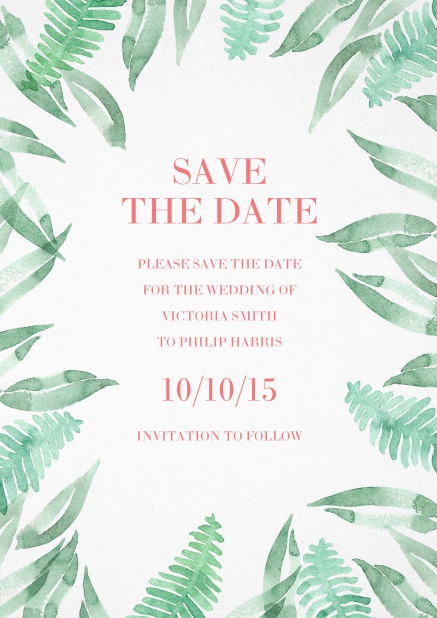 Save the date card with green leaf design.