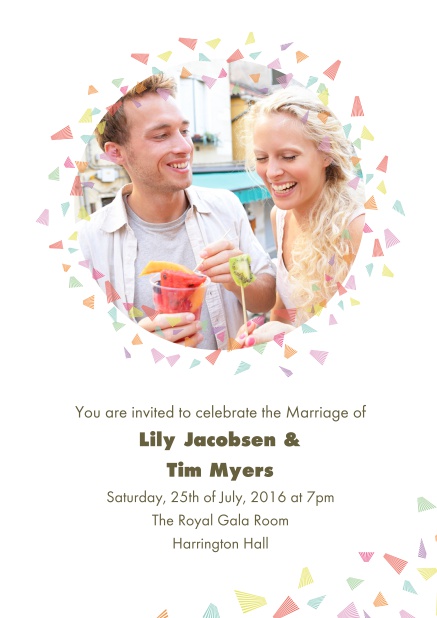 Online Wedding invitation card with photo and colorful deco.