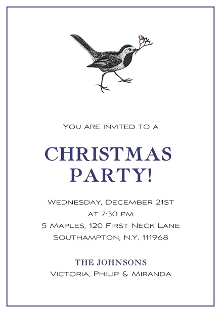Online Christmas party invitation with Rudolph the Red Nose Reighdeer and red frame Navy.