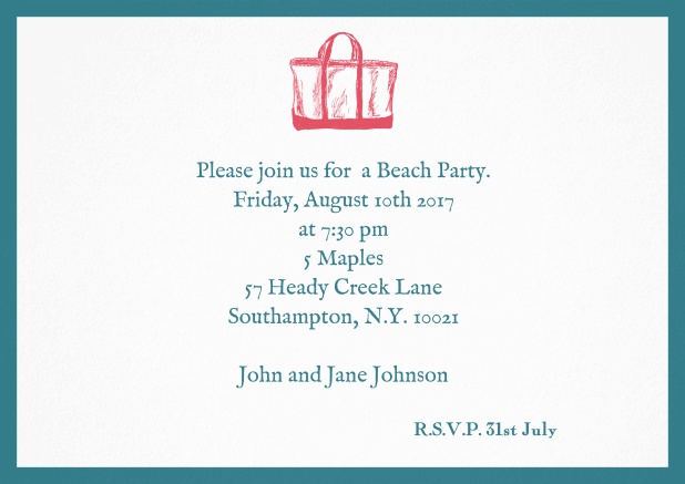 Invitation card with beach bag and matching colorful frame. Green.