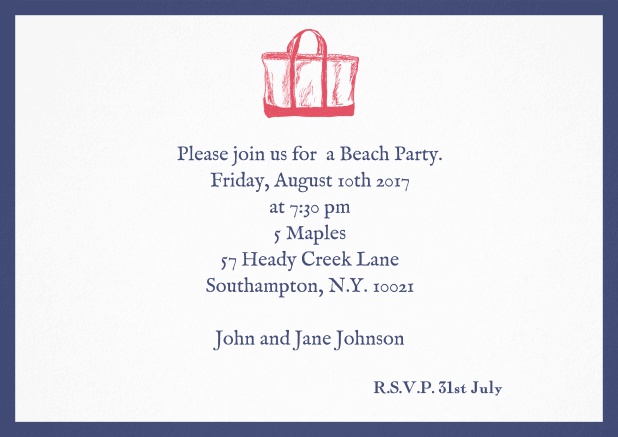 Invitation card with beach bag and matching colorful frame.