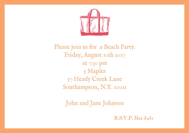 Online Invitation card with beach bag and matching colorful frame. Orange.