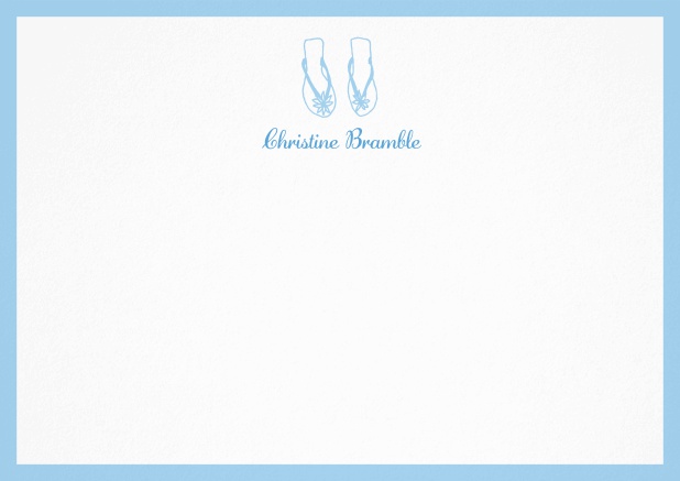 Personalizable note card with flip flops and frame in various colors. Blue.