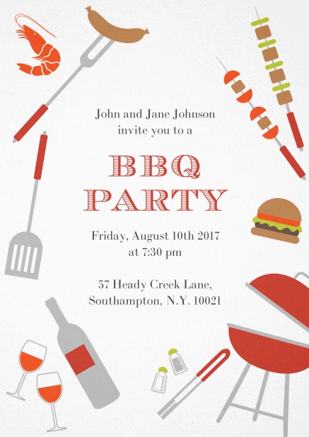 BBQ invitation card with hot dog, grill, cheeseburger and wine on it.