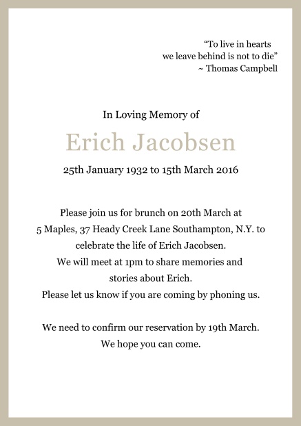 Online Classic Memorial invitation card with black frame Beige.