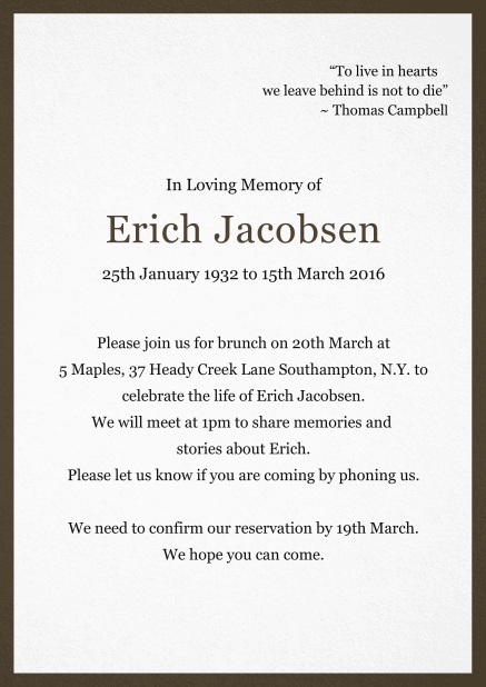Classic Memorial invitation card with black frame Brown.