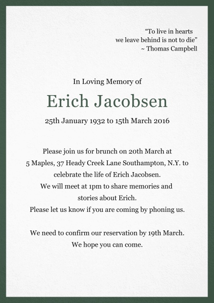 Classic Memorial invitation card with black frame Green.